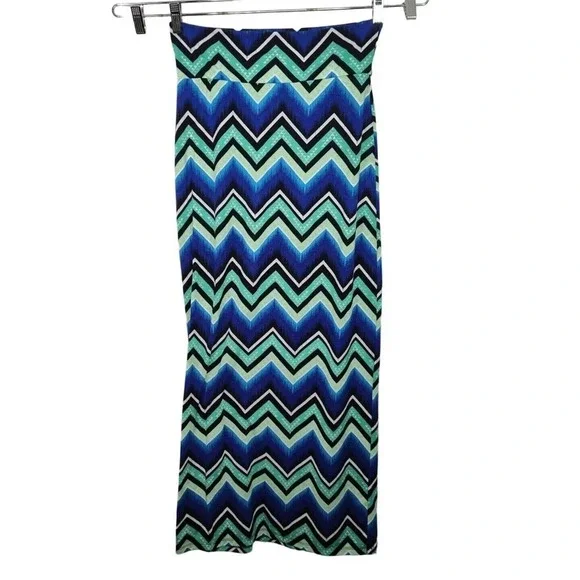 Ultra Flirt Blue Green Chevron Print Maxi Skirt Bodycon Women Size M Stretch - Picture 1 of 5